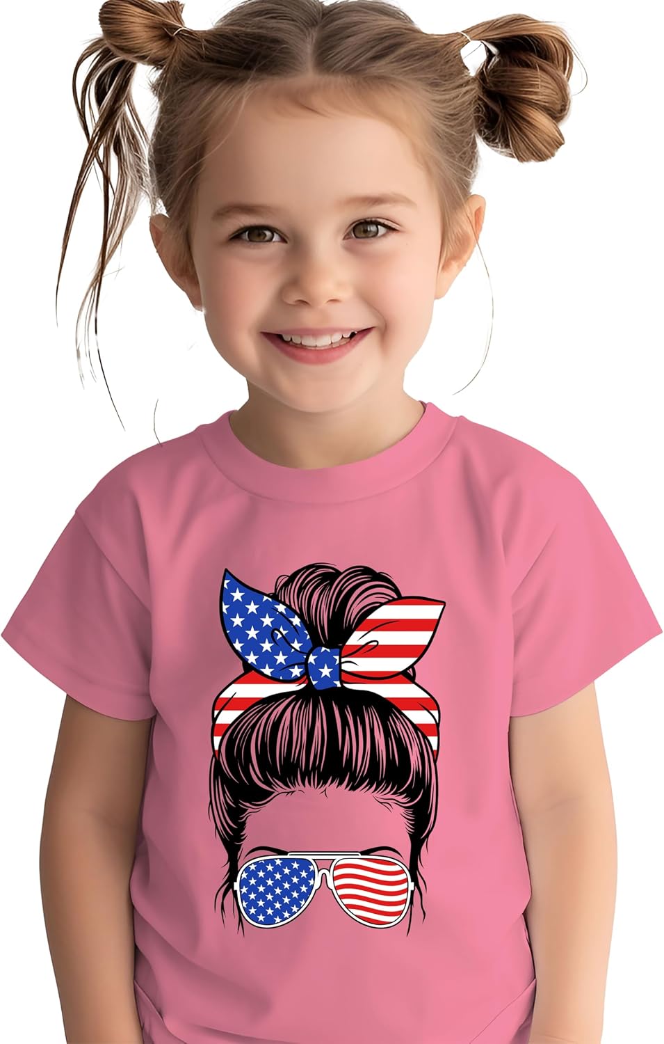 Women's Messy Bun Glasses American Flag 4th of July USA Patriotic Shirt for Mom Grandma Wife Girlfriend Daughter