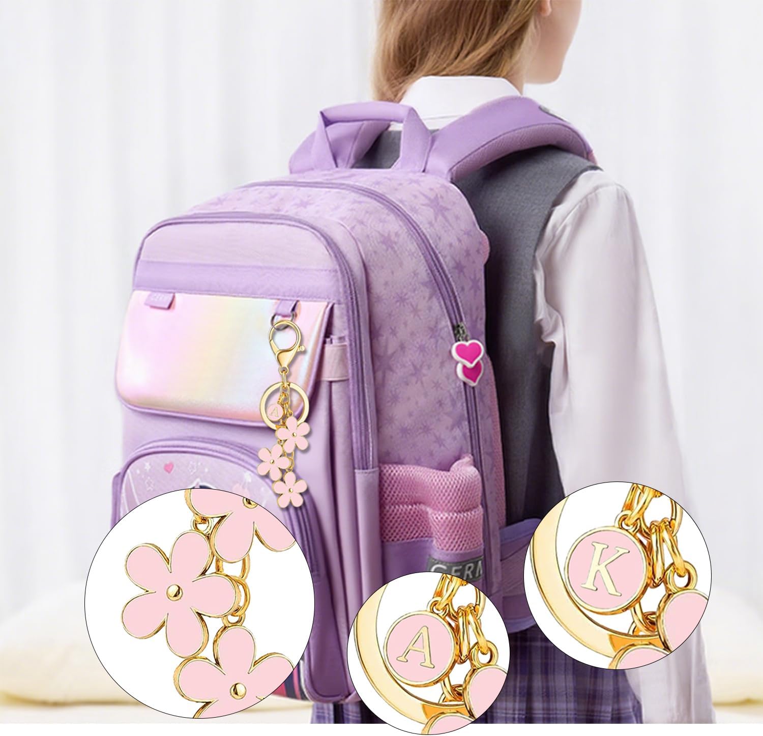 Flower Initial Keychain for Women Flower Charms Pink Letter Keyring for Backpack Handbag Flowers Bag Charms - Image 5