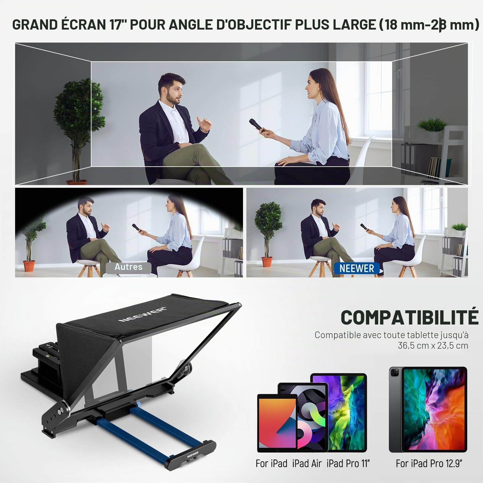 NEEWER Teleprompteur X17 II avec Télécommande Contrôle,17" HD | Cadre Métal,Plateau Rapide Amélioré,Compatible avec Manfrotto 501PL iPad iPhone,Charge Max 20kg,Sans Montage
