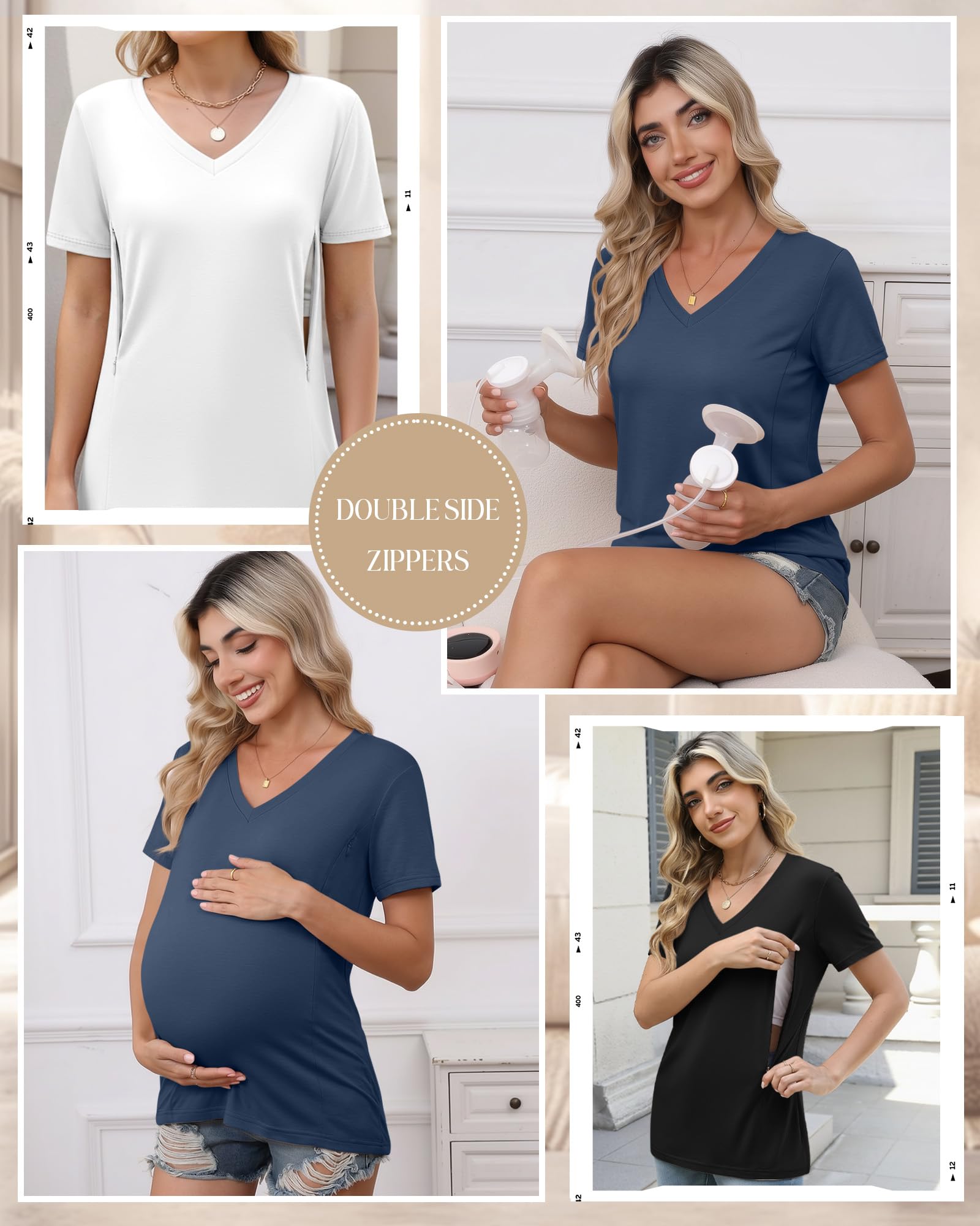 Xuniea Lot de 3 Hauts D’Allaitement pour Femmes, T-Shirts D’Allaitement à Fermeture Éclair Cachée pour Allaiter et Tirer Le Lait, Col V Manches Courtes