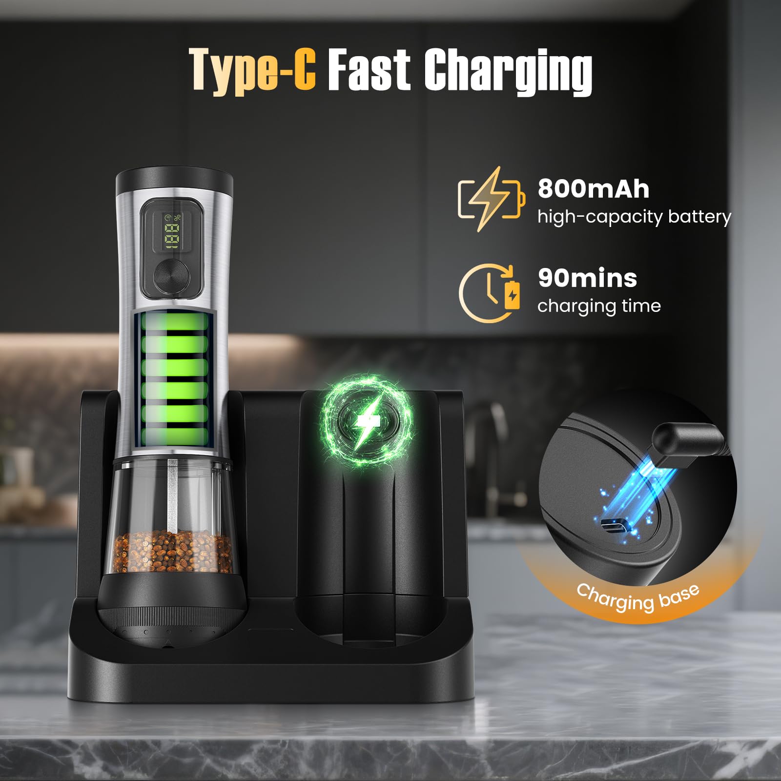 Set di 2 macinapepe elettrico – ricarica rapida USB-C con batteria da 800 mAh e stazione di ricarica, 5 livelli di ruvidità regolabile, illuminazione a LED e funzionamento con una sola mano