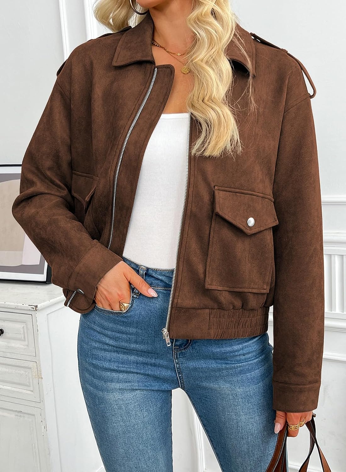 SHEWIN Women Zip Up Jacket Faux Suede Outerwear Fall Clothes image 2