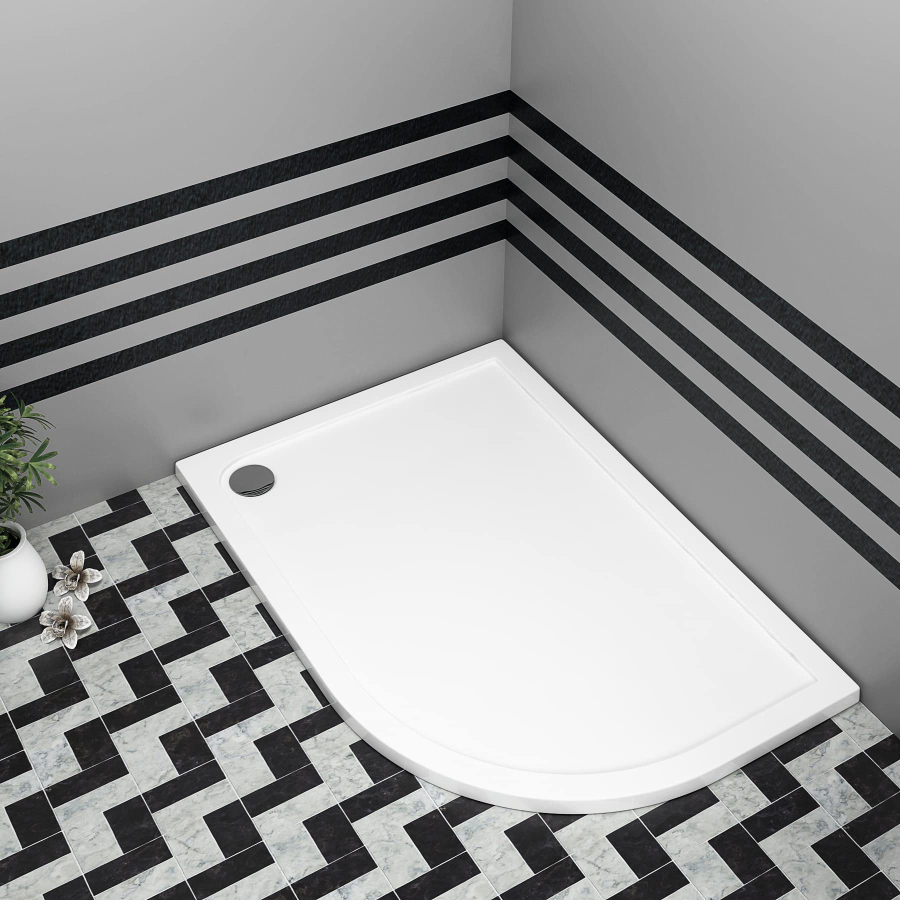 Bathroom 900 x 800mm Shower Tray Gloss White Slimline 40mm Stone Resin Right Handed Offset Base with Free Waste Trap Kit