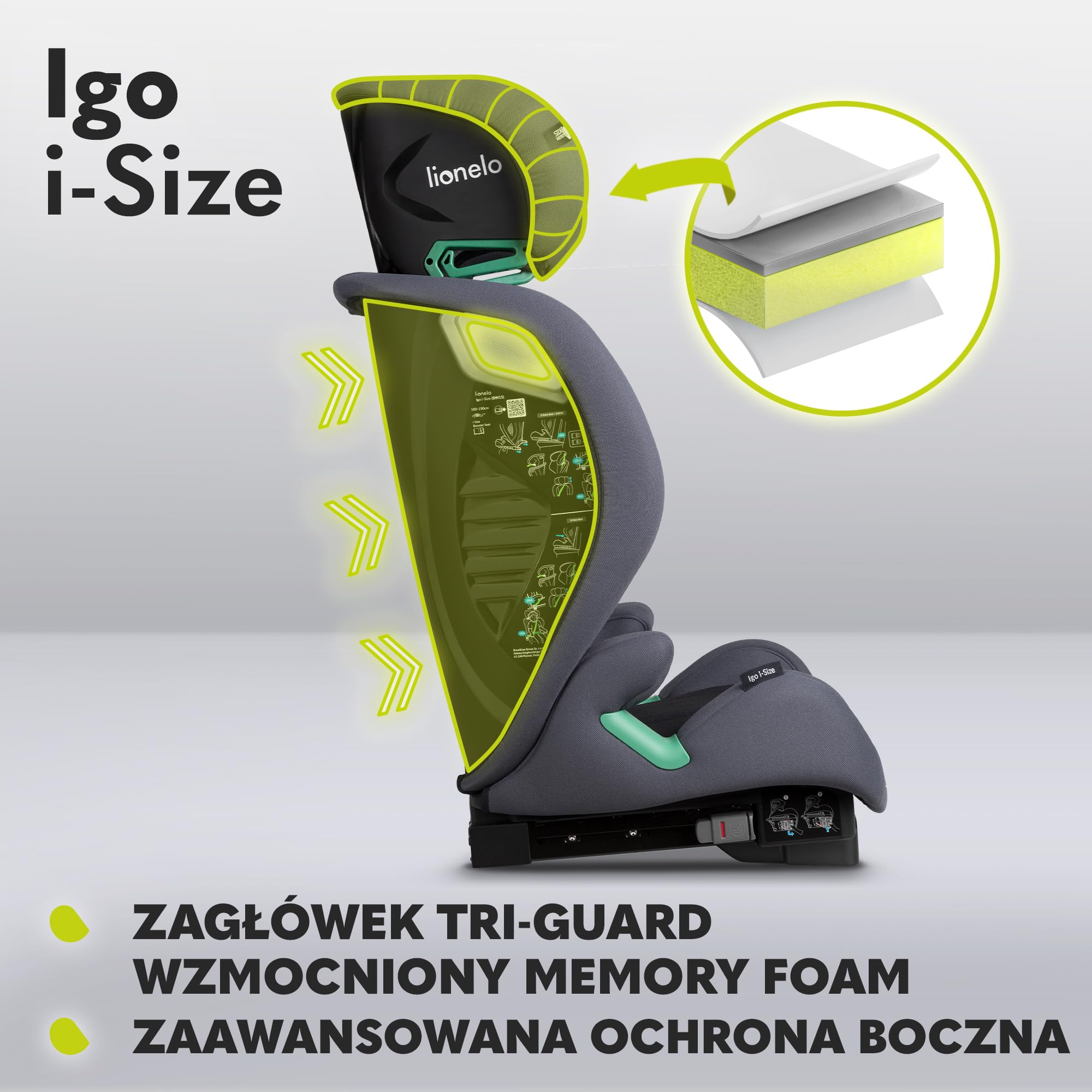 LIONELO IGO I-SIZE Fotelik Samochodowy Dziecięcy, Grupa 2 3, od 100-150 cm Montaż Przodem ISOFIX lub Pasy, Regulacja Oparcia i Zagłówka z Pianką Memory Foam Wypinane Oparcie (Grafitowy)