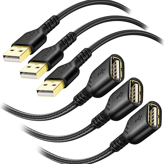 USB Extension Cable 2M, USB 2.0 A Male to A Female USB Extension Lead Gold-Plated, Nylon Data Transfer Compatible for Printer, Scanner, Camera, Keyboard, Card Reader, Hard Drive, USB Disk, Black (3)