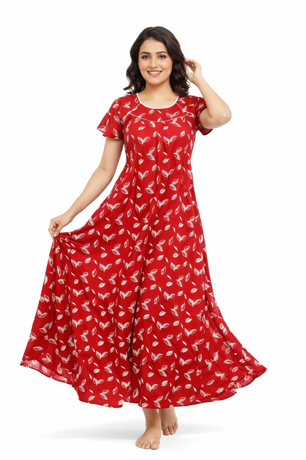 Women's Pure Cotton Printed Long Maxi Nighty, Red Leaf Pattern, Comfortable Breathable Sleepwear for Daily Home Use-image-39