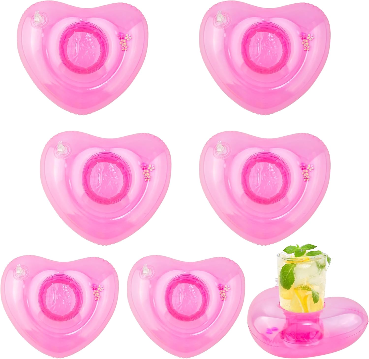 iShyan 7 Pack Inflatable Pink Heart Drink Holders,Pool Drink Floaties for Bachelorette,Birthday Party