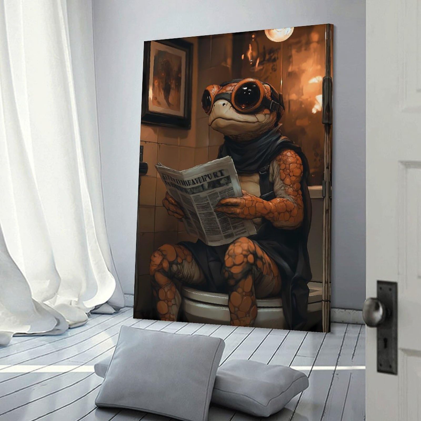 Junmoney Frame-Style-19 Anthropomorphic Turtle Reading Newspaper On Toilet Room Decor Wall Art 20X30inch(50X75cm), For Bedroom, Guest Room Or Reading Nook, An Easy Wall Refresh For Bedrooms