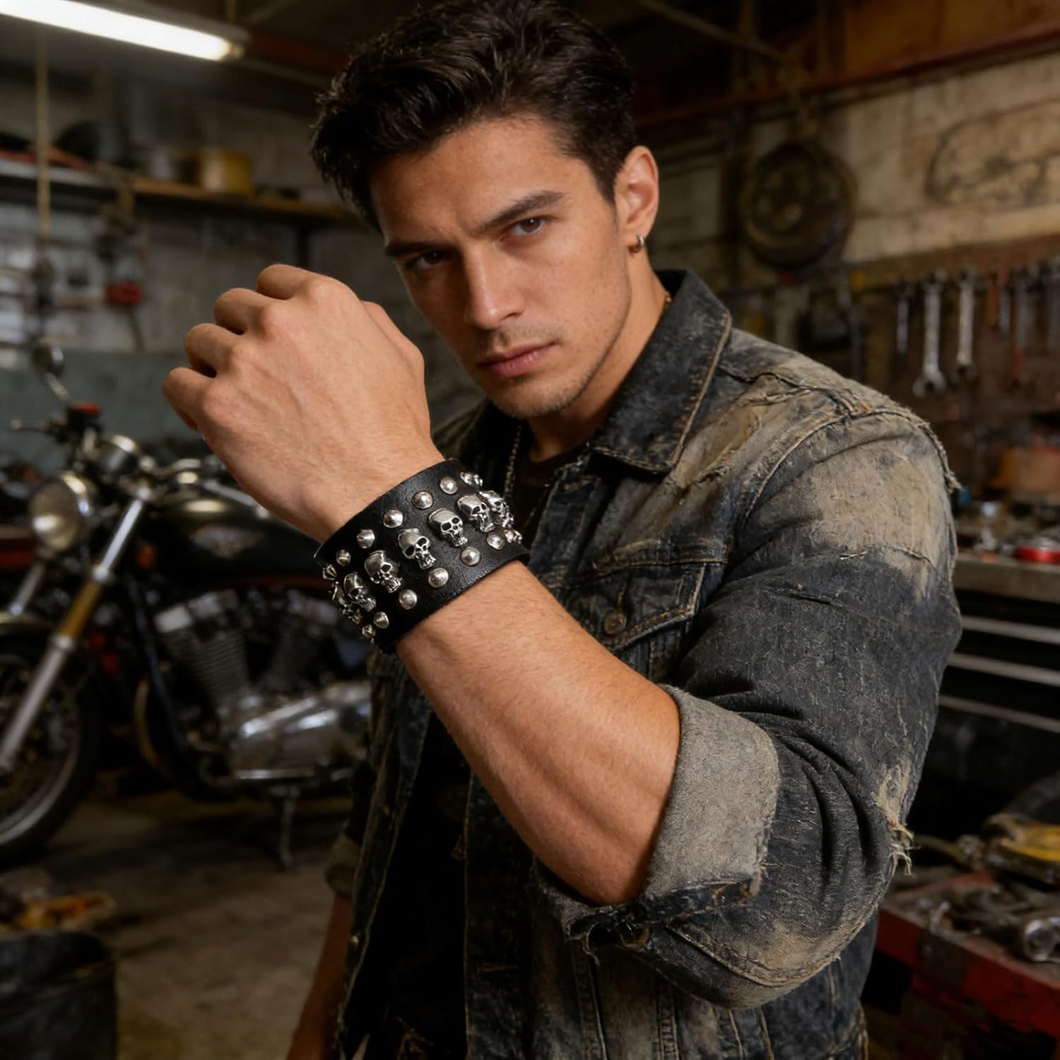 Black metal rivets studs punk rock biker wide belt leather bracelet guard wrist strap skull - Image 4