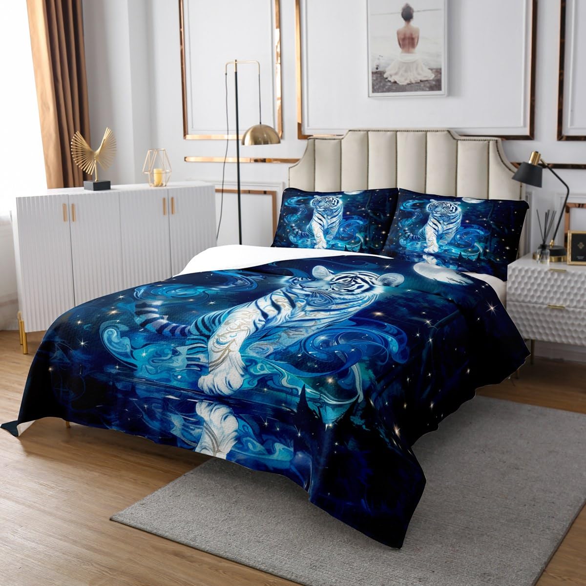 Castle Fairy 3D Tiger Bedspread Queen Size Jungle Wild Animal Coverlet Set Kids Room Present Naural Landscape Bedroom Decor Bedding Set Western Magical Wildlife Bedding with 2 Pillowcases
