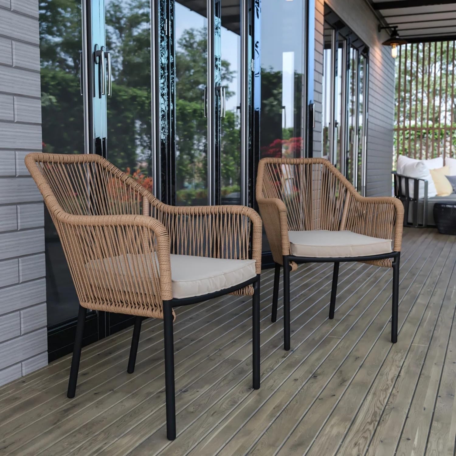 DEVOKO 2 Piece Patio Rope Chairs with Soft and Washable Cushion Cover for House, Outdoor, Small Space (Beige & Cream)