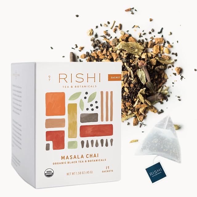 Rishi Tea Masala Chai Black Sachet Tea Bag Blend - Organic Assam with Whole Spices Energizing Caffeinated -