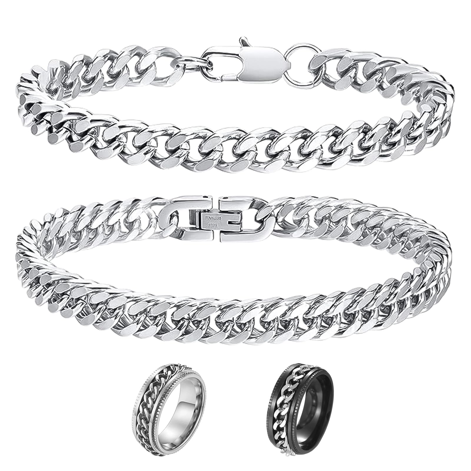 FCXQG 2 Pcs Pulsera de Eslabones Cubanos Para Hombre Pulsera Cadena Cubana Pulsera Hombre Acero Inoxidable Pulsera de Plata Hombre Esclava Plata Hombre Lotus Pulseras Hombre Esclava Hombre Con 2 Anillo