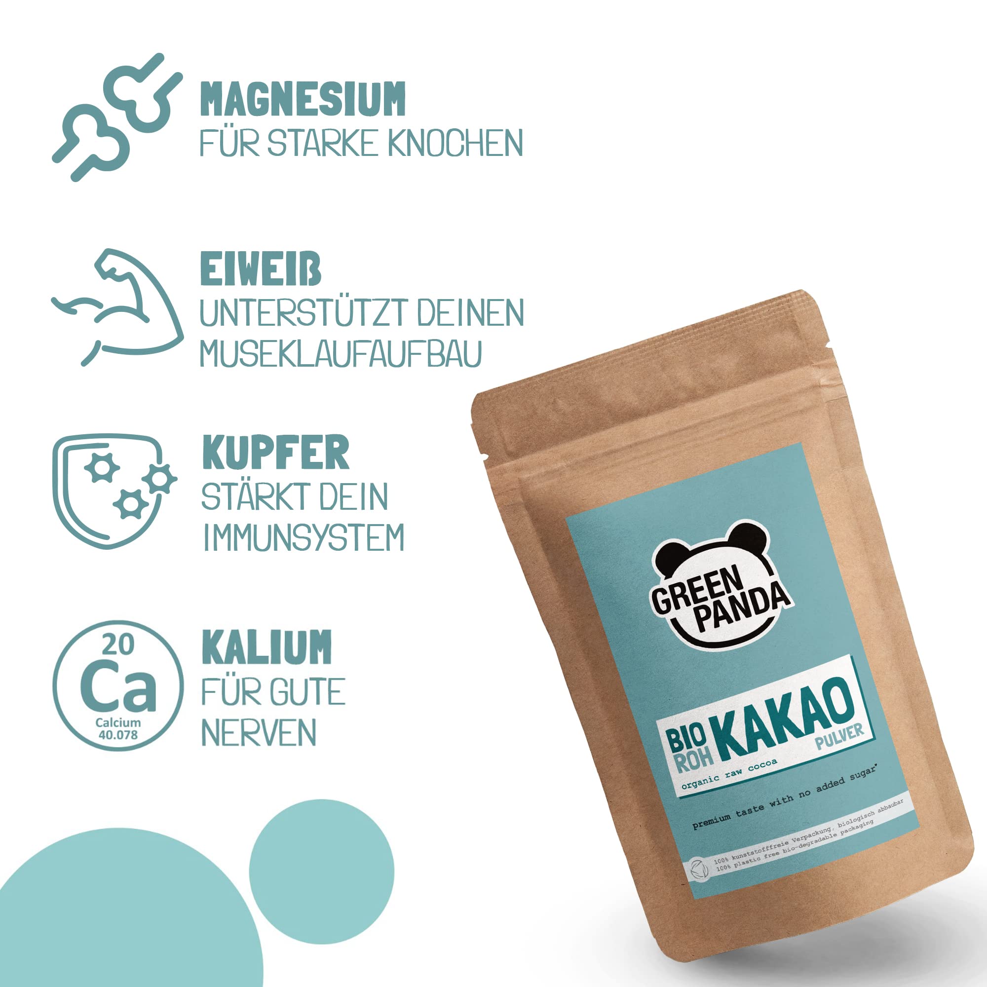 GREEN PANDA® BIO Rohkakao aus Premium Kakaobohnen | Bio Kakaopulver stark entölt und zuckerfrei | Kakao ohne Zucker für Trinkschokolade, Shakes, Desserts, zum Backen oder ins Müsli | 1kg