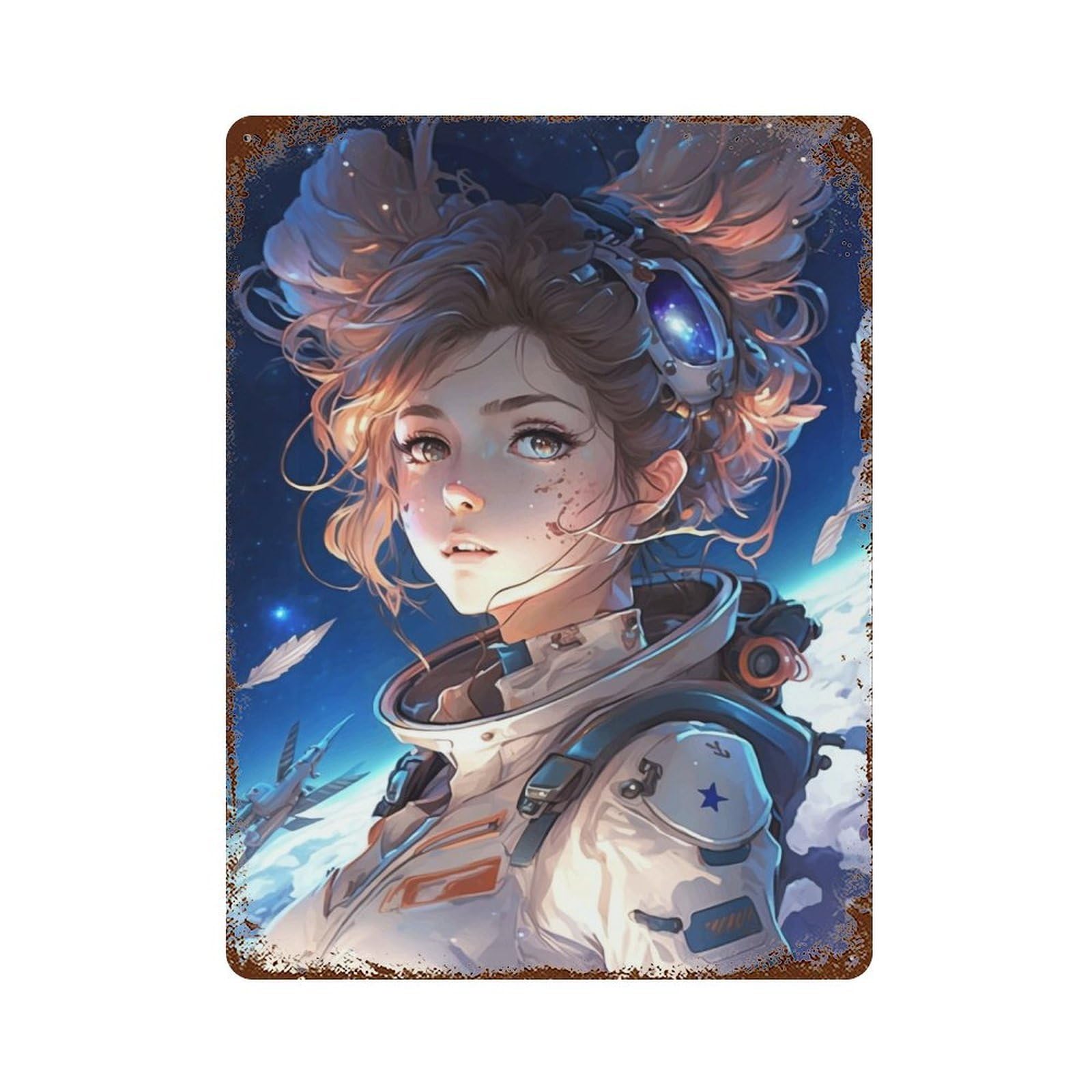 Rust Effect Astronaut Girl Aged Metal Wall Plaque 15.7"x11.8", Farmhouse Wall Decor for Office, Studio And Wall Decor