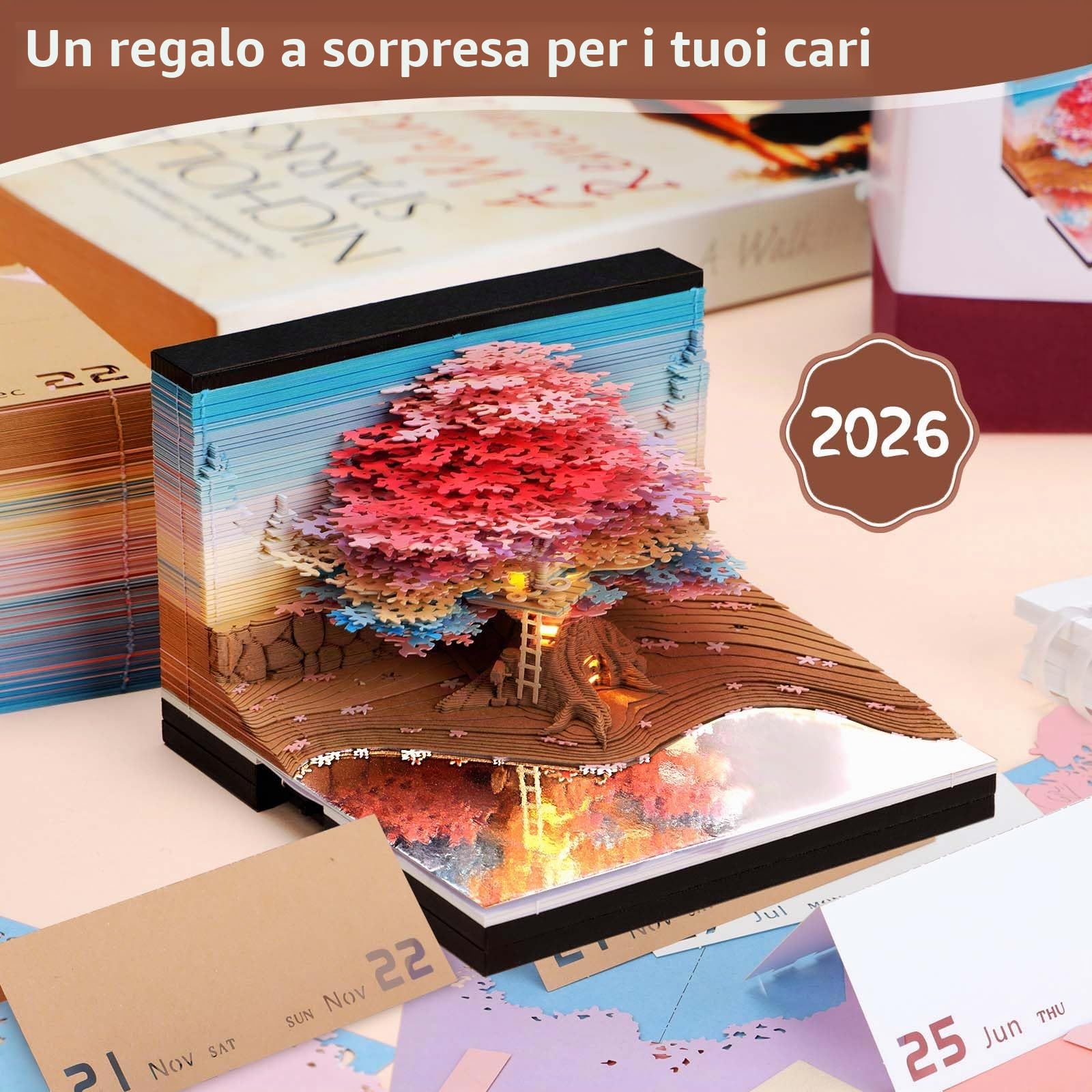 2026 Calendario da Tavolo 3D Blocco note con luce, 2026 Calendario scrivania 3D della casa sull'albero Calendario tempo 3D Calendario della vita Artigianato artistico intaglio fai da te Regalo