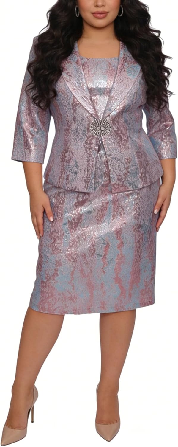 Women Dress Church Suits Geenlinm FASHlON 2 Piece Metallic Jacquard Dress Jacket Plus Size Elegance Church Outfits