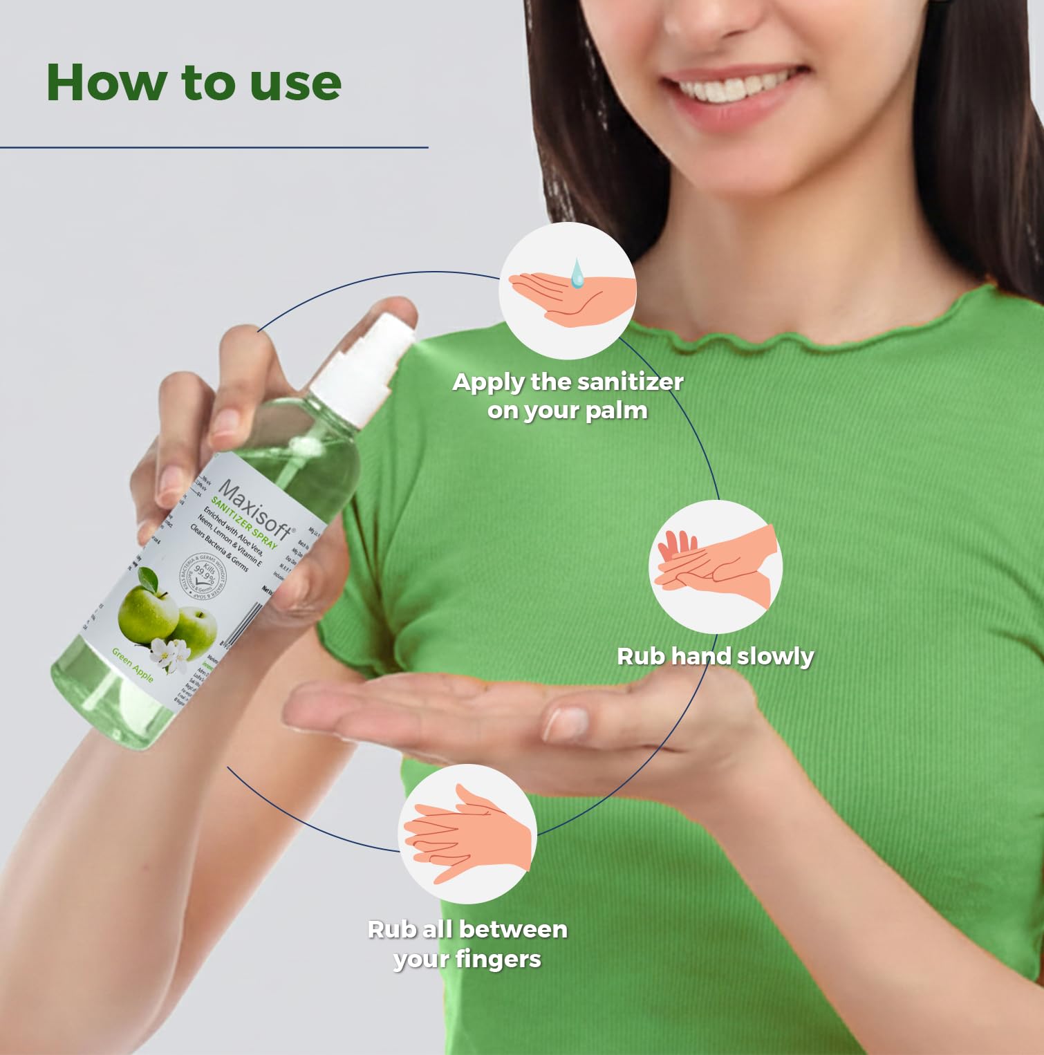 Maxisoft Hand Sanitizer Spray (120 ml)|With Aloe Vera, Lemon, Neem, Vitamin E & Glycerine|Paraben Free|Gentle on skin, tough on germs|(120 ml) (Green Apple, Pack of 4 (120ML X 4)) 3