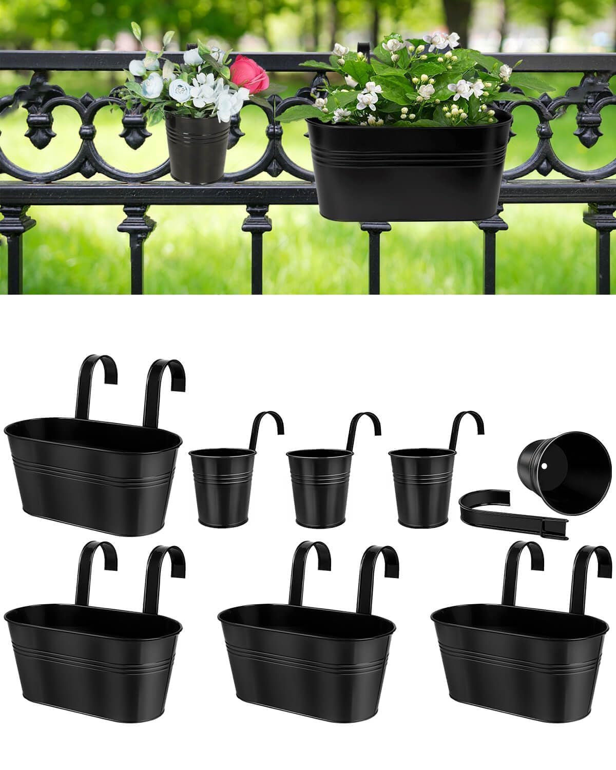 4 Pcs 10.8” Metal Railing Planter for Outdoor Plants – 4 Pcs 3.9” Balcony Hanging Flower Pots with Detachable Hooks, Drainage Holes, Oval Bucket Rail