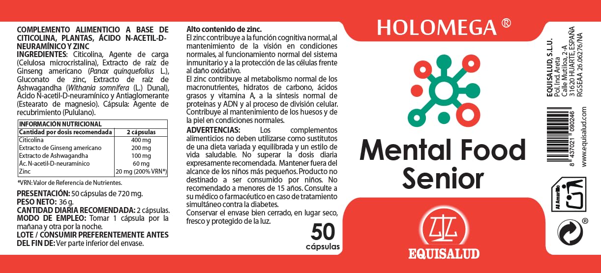 Holomega Mental Food Senior – 50 Cápsulas | Citicolina, Ginseng Americano, Ashwagandha y Zinc | Complemento Alimenticio para Energía Mental y Bienestar Cognitivo | Equisalud