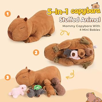Ditucu 5Pcs Capybara Stuffed Animal Mommy 16.5 inch with 4 Babies 6.6 inch Family Set Cute Plushies Toys Gifts for Kids