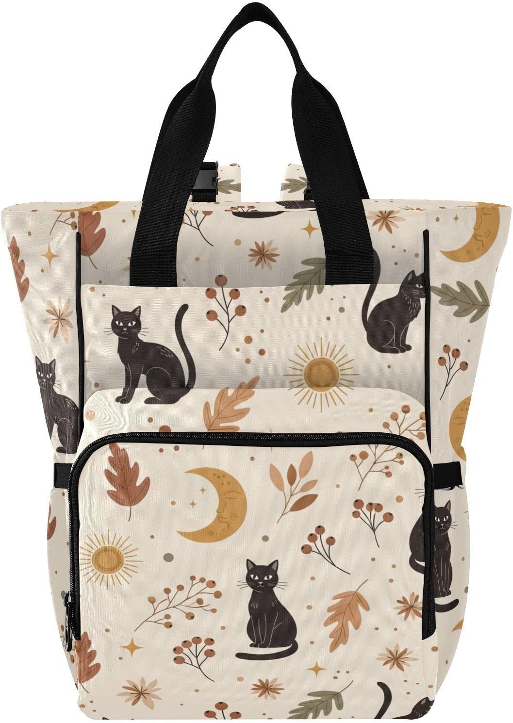 Fall Cats Leaves Beige Pattern Diaper Bag Backpack for Baby Boys Girls Multifunction Baby Essentials Travel Tote with Stroller Straps & Bottle Storage Maternity Travel Bag for Baby Shower Gifts