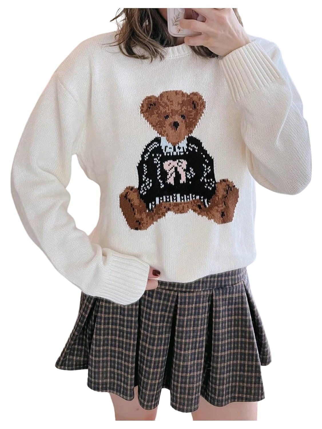 GORGLITTER Womens Teddy Bear Sweater Long Sleeve Cute Crew Neck Chunky Cozy Fall Trendy 2025 Knit Pullover Tops