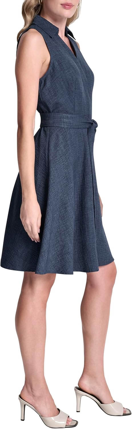 DKNY Women's Sleeveless Collared Neck Mélange Washer Fit and Flare Dress