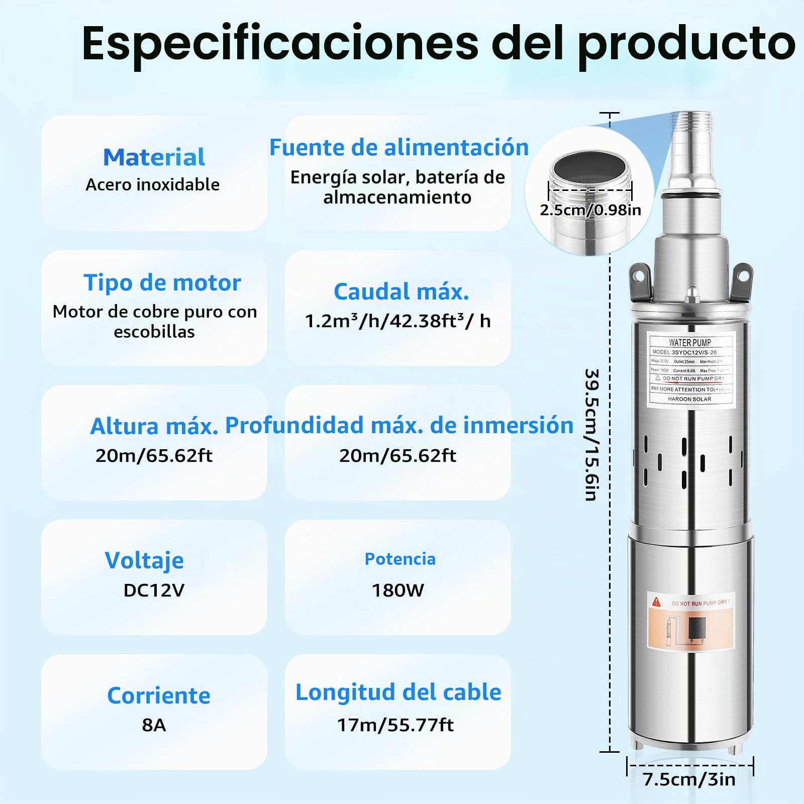 Bomba sumergible para pozos profundos, bomba de agua, silenciosa, bomba solar sumergible, bomba de acero inoxidable, hasta 20 m, 1,2 m³/h, 12 V, 180 W