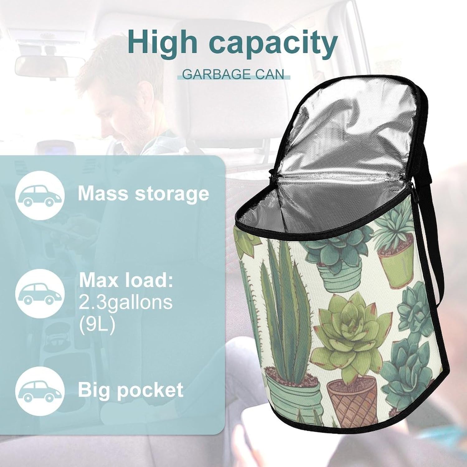 Hanging Car Trash Bag Cactus Succulents Printed Car Garbage Storage Bag Leakproof Car Trash Can Portable Garbage Storage Bags