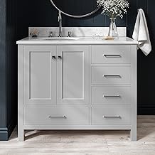ARIEL Cambridge 42-inch Bathroom Vanity with Sink,Solid Wood, 0.75-inch Italian Carrara Marble Countertop & Backsplash, Single Oval Porcelain Sink, 2 Soft Closing Doors, 5 Dovetail Drawers, Grey