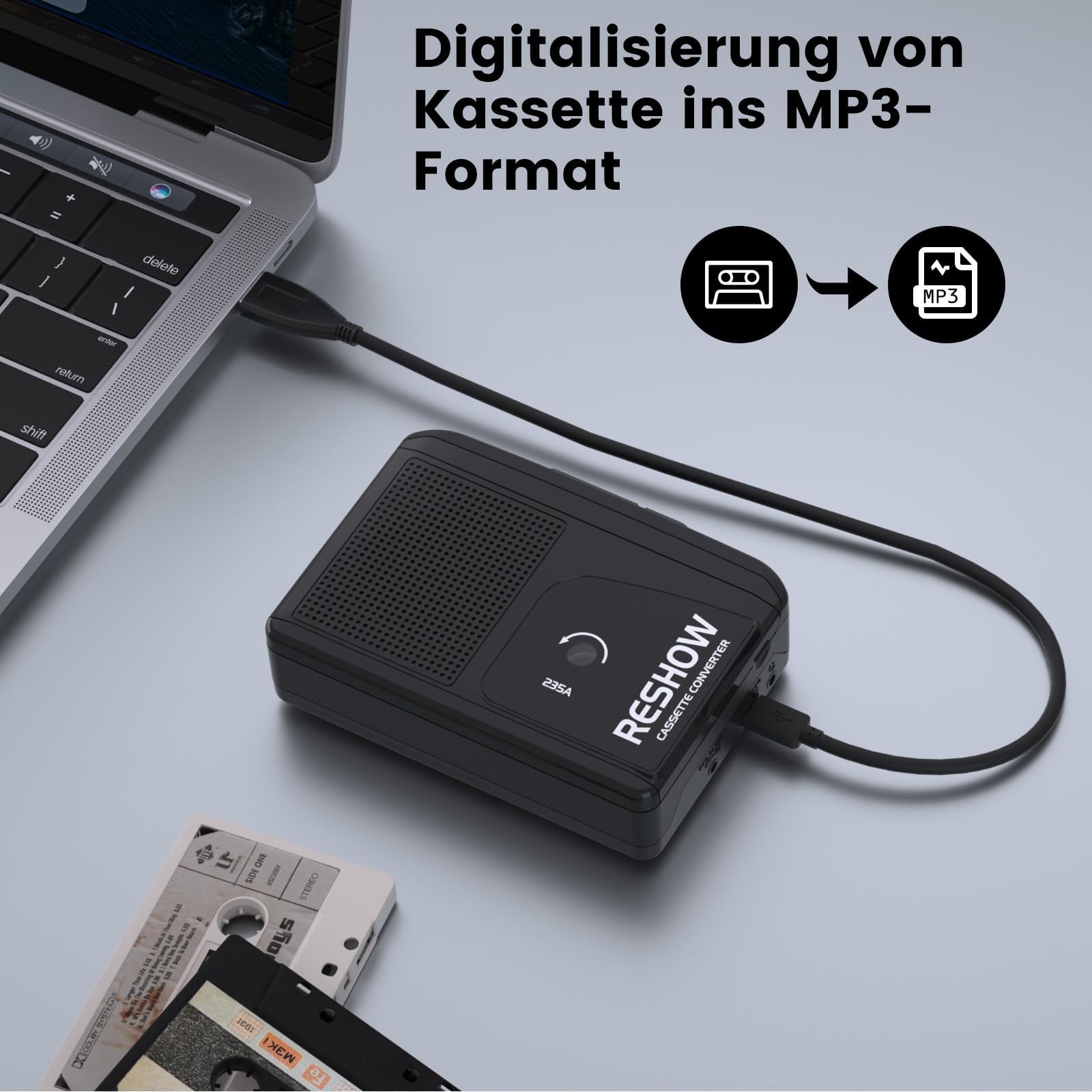 Reshow Kassettenspieler tragbar, eingebautes Mikrofon & Lautsprecher, USB Kassette zu MP3 Konverter, umgekehrte Aufnahme auf Band, Kassettenrecorder mit Kopfhörer（Schwarz）