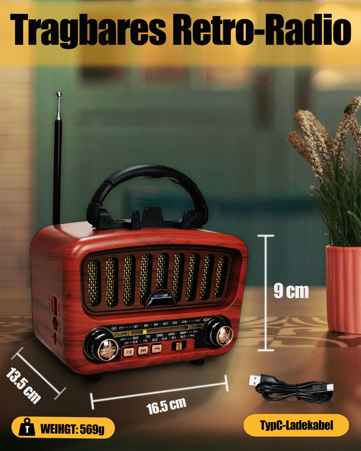 Retro Radio mit Bluetooth, AM/FM/SW Tragbares Radio Klein 5W großer Lautsprecher und Bluetooth 5.0, UKW Lautsprecher Batteriebetrieben unterstützt USB/TF/AUX Funktion (Rot)