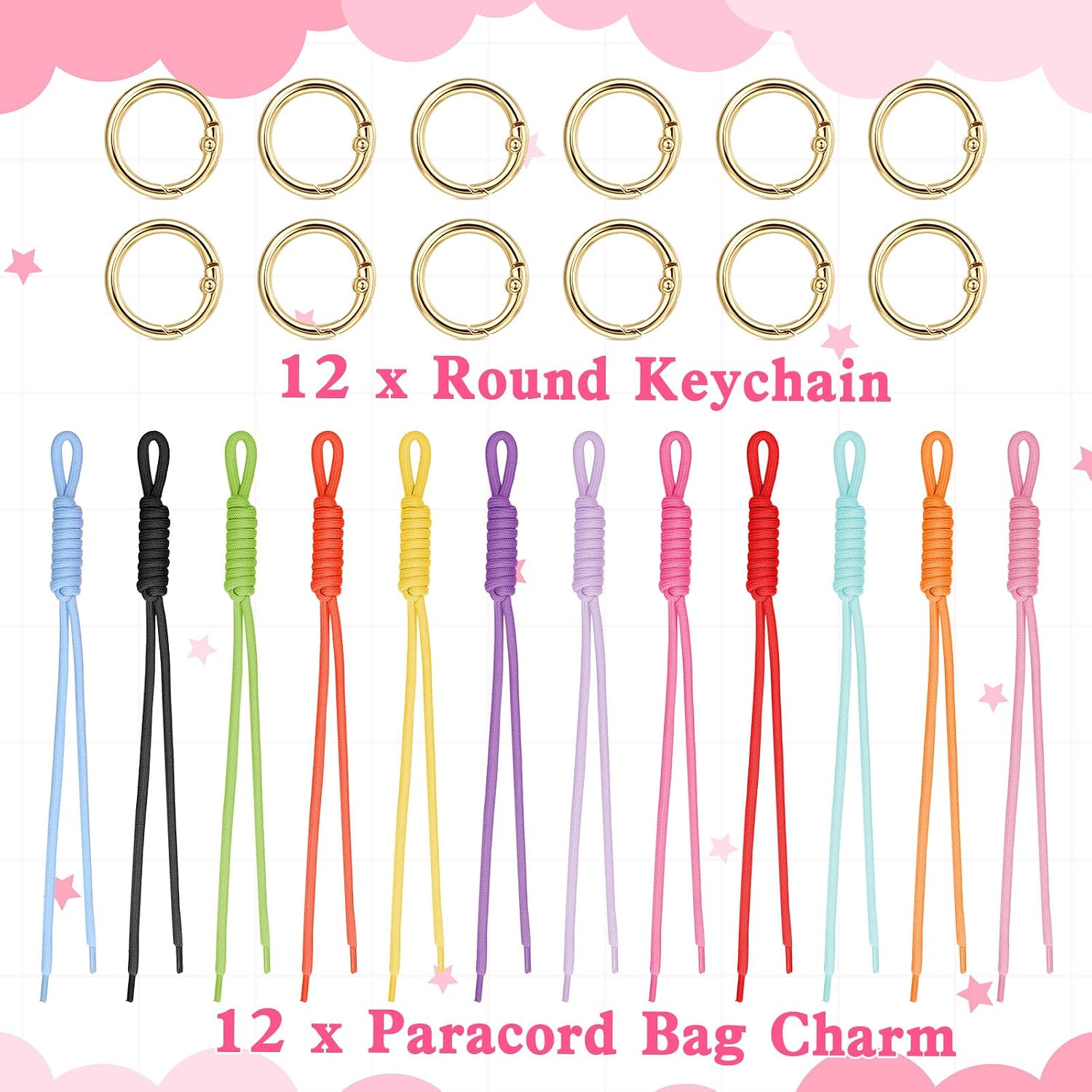 12 Pcs Paracord Keychain Bag Charm Colorful Braided Rope Cord image 3