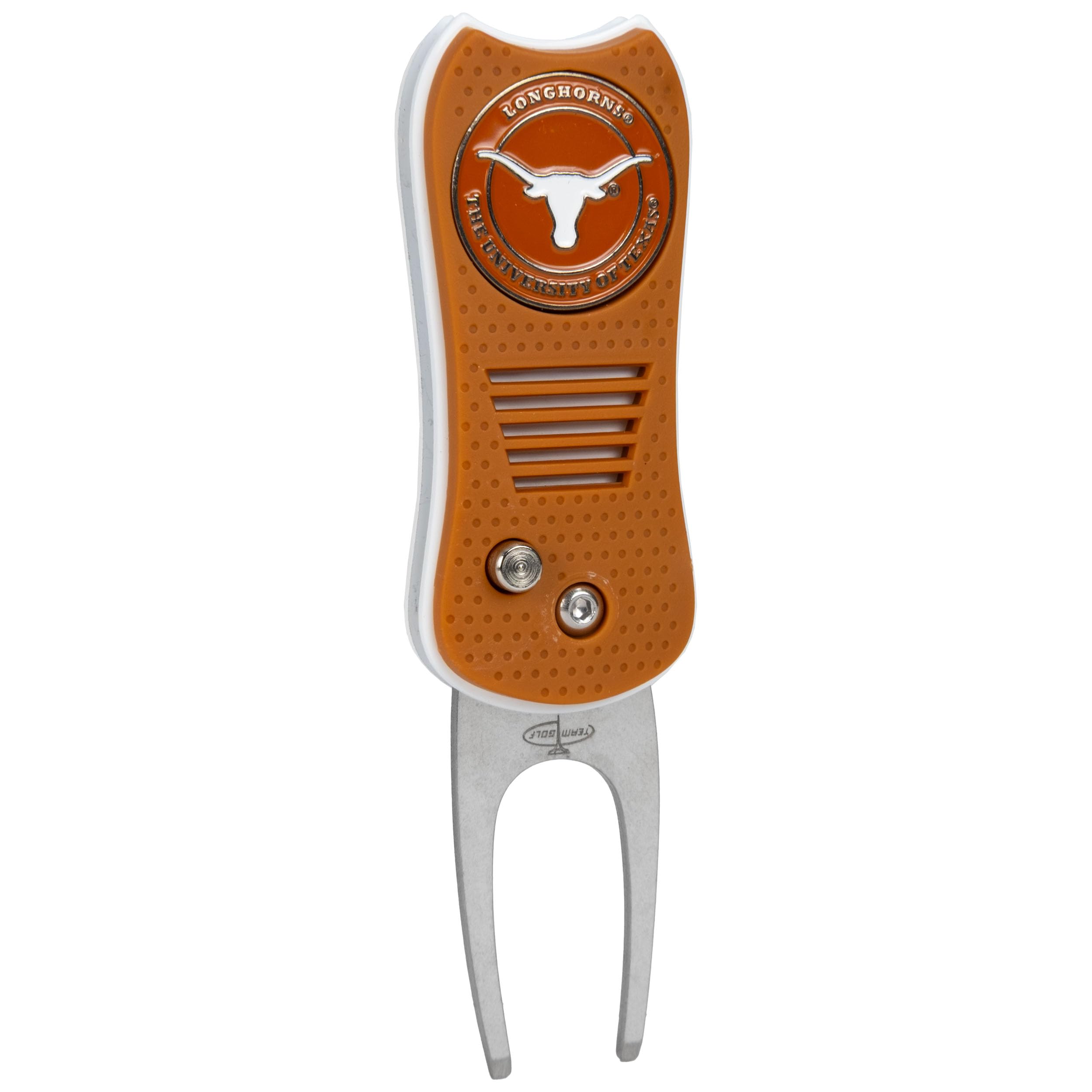 Team Golf NCAA Texas Longhorns Retractable Divot Tool with Double-Sided Magnetic Ball Marker, Features Patented Single Prong Design, Causes Less Damage to Greens