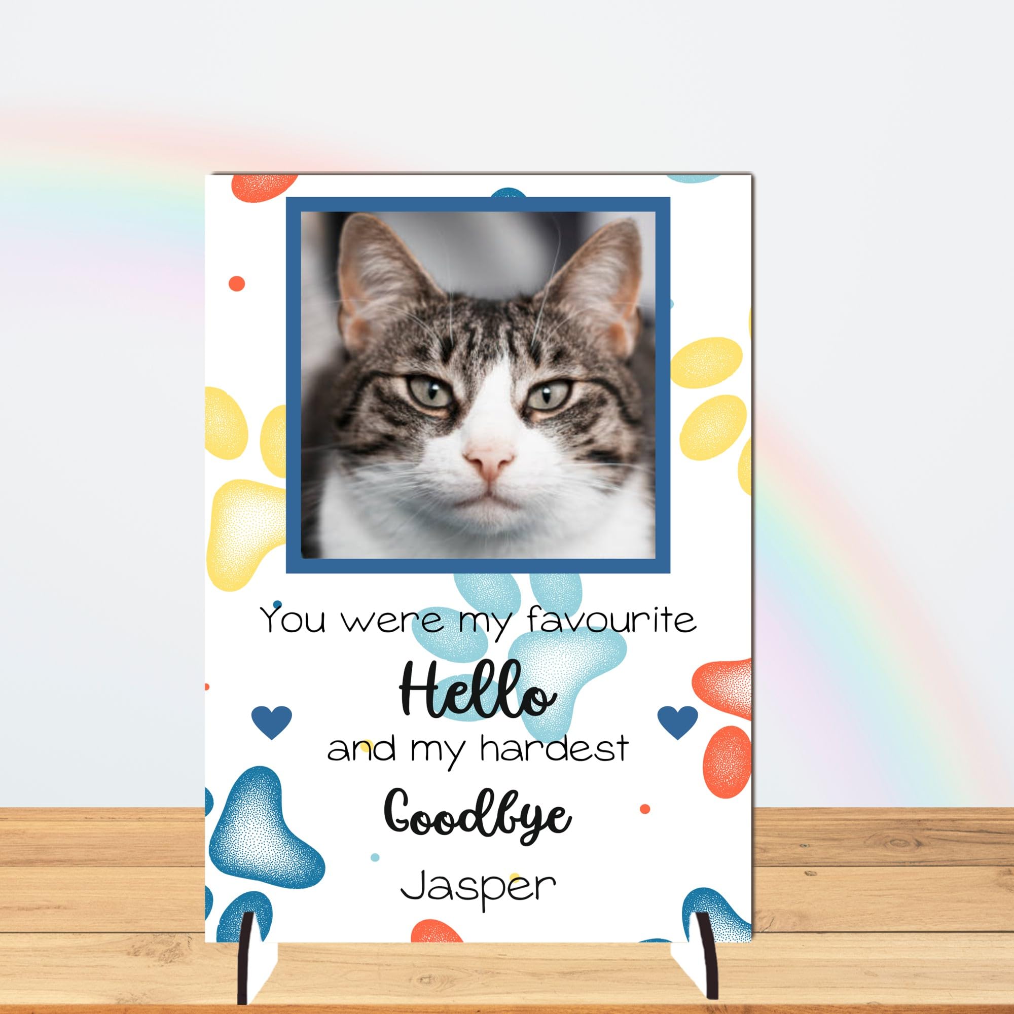 Personalised Pet Bereavement Photo Plaque - "Favourite Hello Hardest Goodbye" Custom Memorial, Available in MDF or Acrylic, Size 148mm x 210mm (Mdf Wood 21cm x 15cm, Blue) โ image 1