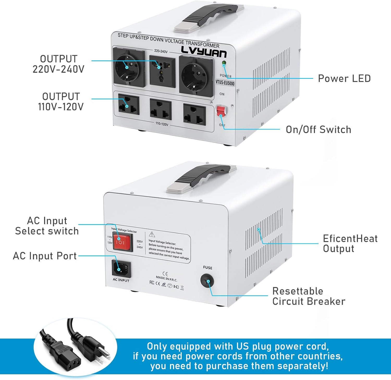 LVYUAN Heavy Duty 5000W Watt Voltage Transformer Converter Step Up/Down Converter 110/120 Volt - 220/240 Volt with 3 US,2 European,1 Universal Outlets and CE Certified,Circuit Break Protection