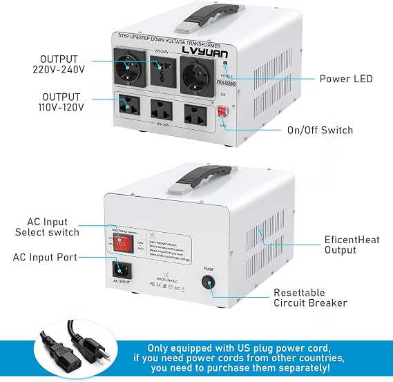 LVYUAN 5000W Watt Voltage Transformer Converter Step Up/Down Converter 110/120 Volt - 220/240 Volt with 3 US&2 EU&1 Universal Outlet and CE Certified,Circuit Break Protection