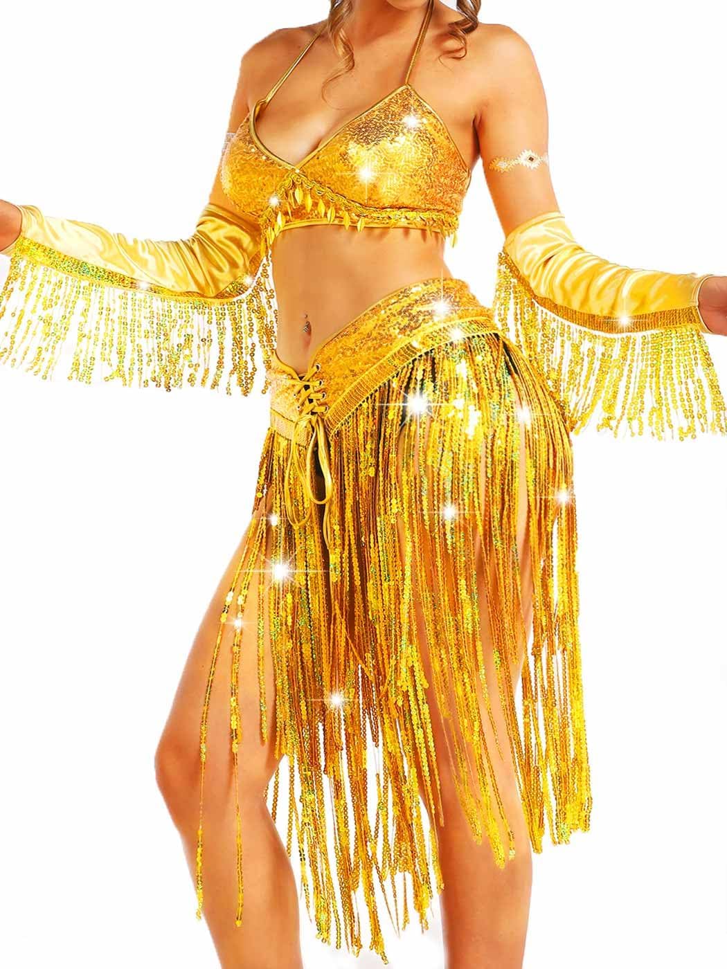 Sequin Costume Set Gold Belly Dance Outfits Sparkly Carnival Costumes for Women