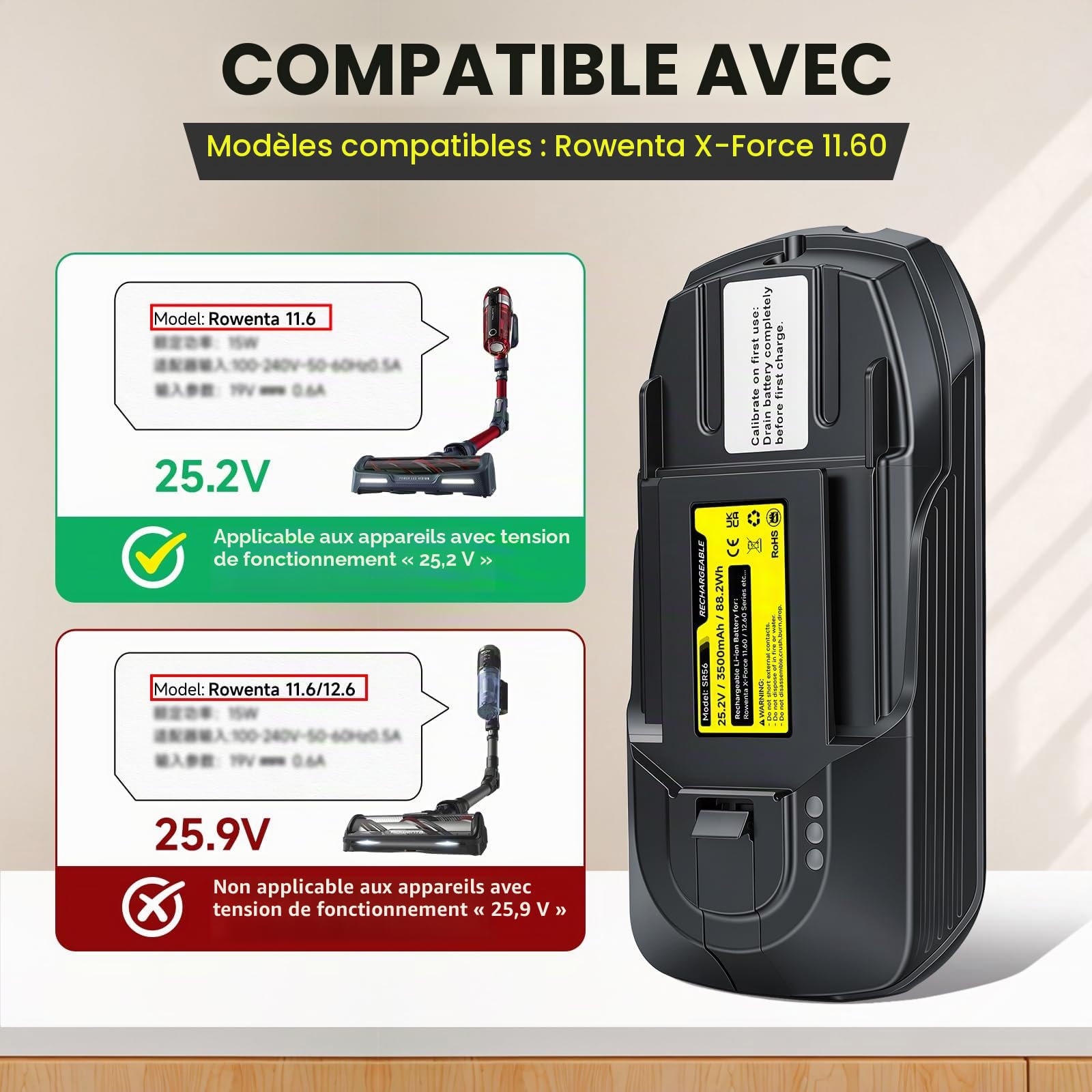Batterie Remplacement 3500mAh pour Rowenta X-Force Flex 11.60 Animal & Aqua (25,2 V) Li-ION pour RH98 TY98 EO98 Serie ZR009701/RH9878WO - Non Compatible avec Modèles 25,9V & Flex 12.60!