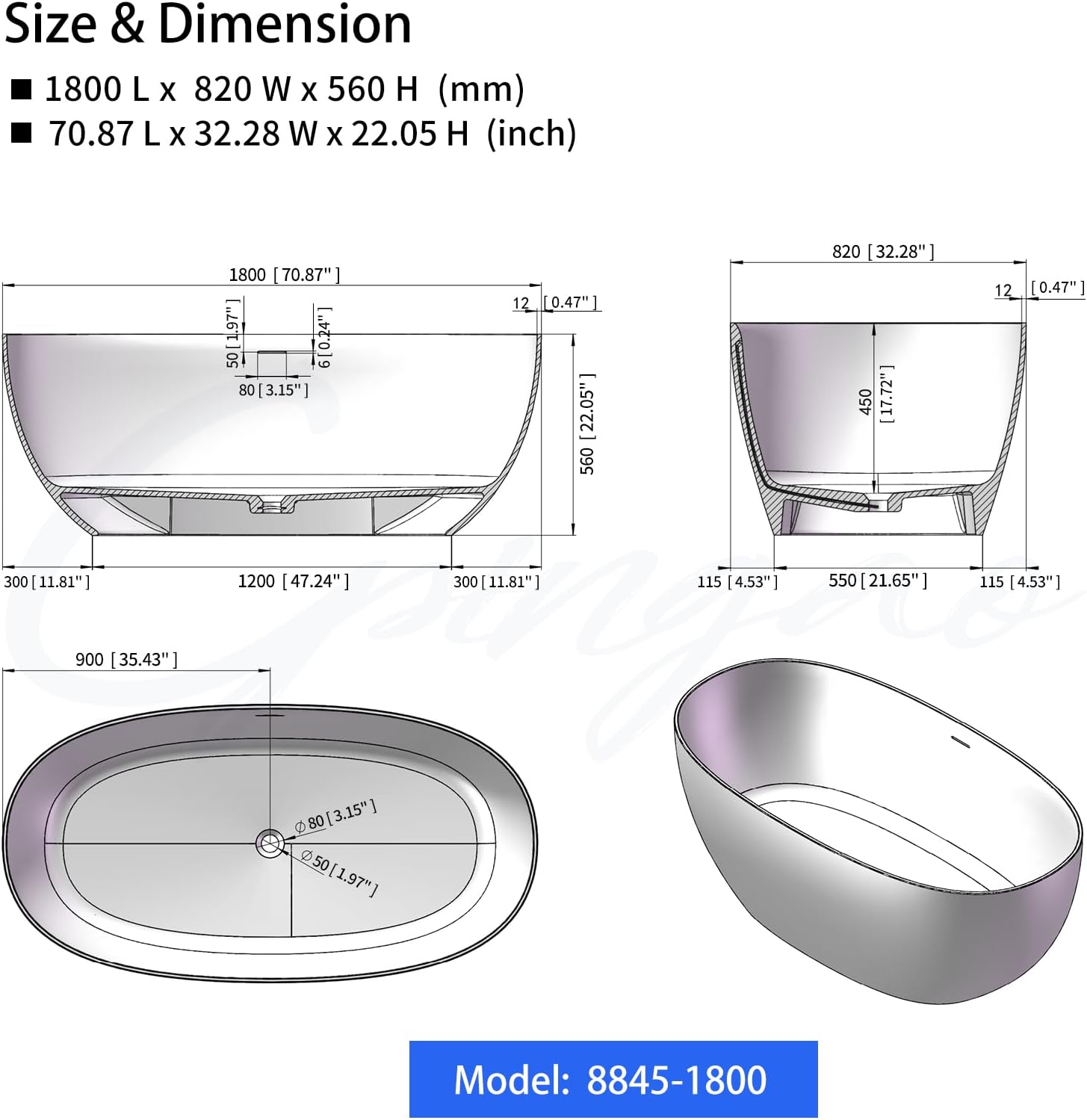 Cpingao 71" Stone Resin Freestanding Bathtub, Contemporary Oval Stand Alone Soaking Tubs, Solid Surface Bathtub with Drain & Integrated Slotted Overflow Matte White 8845-1800 - Image 6