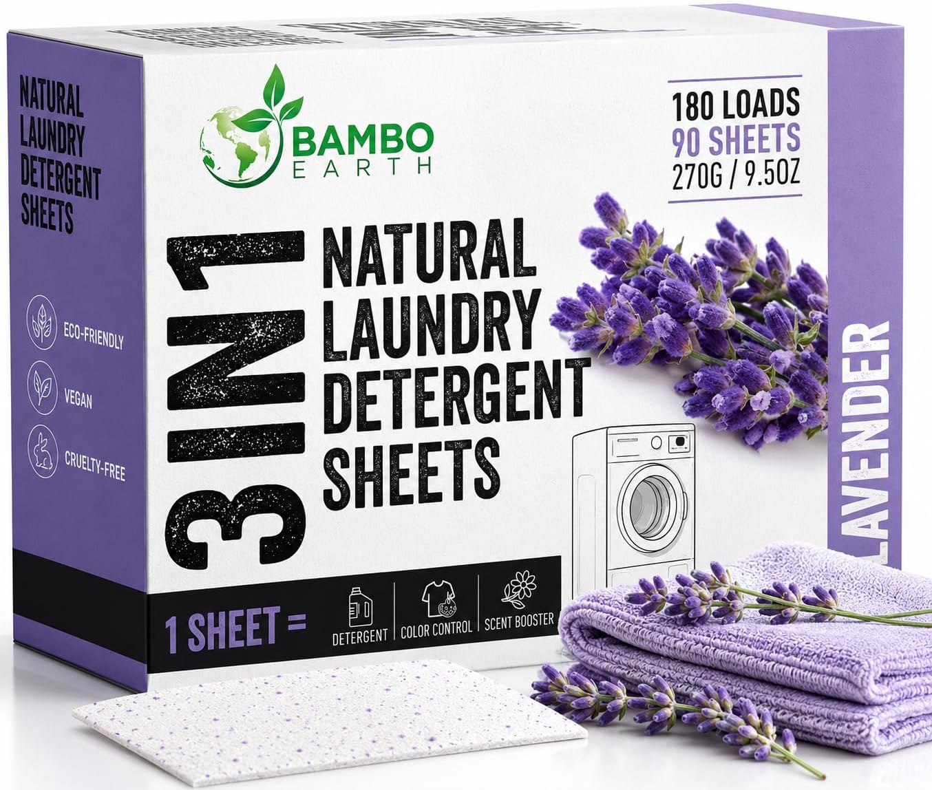 180 Loads Natural Laundry Detergent Sheets - All Natural Biodegradable And Dissolvable Washing Machine Dry Soap Laundry Detergent Strips, Mess Free, Eco Friendly, 90 Sheet Pack (Calm Lavender)