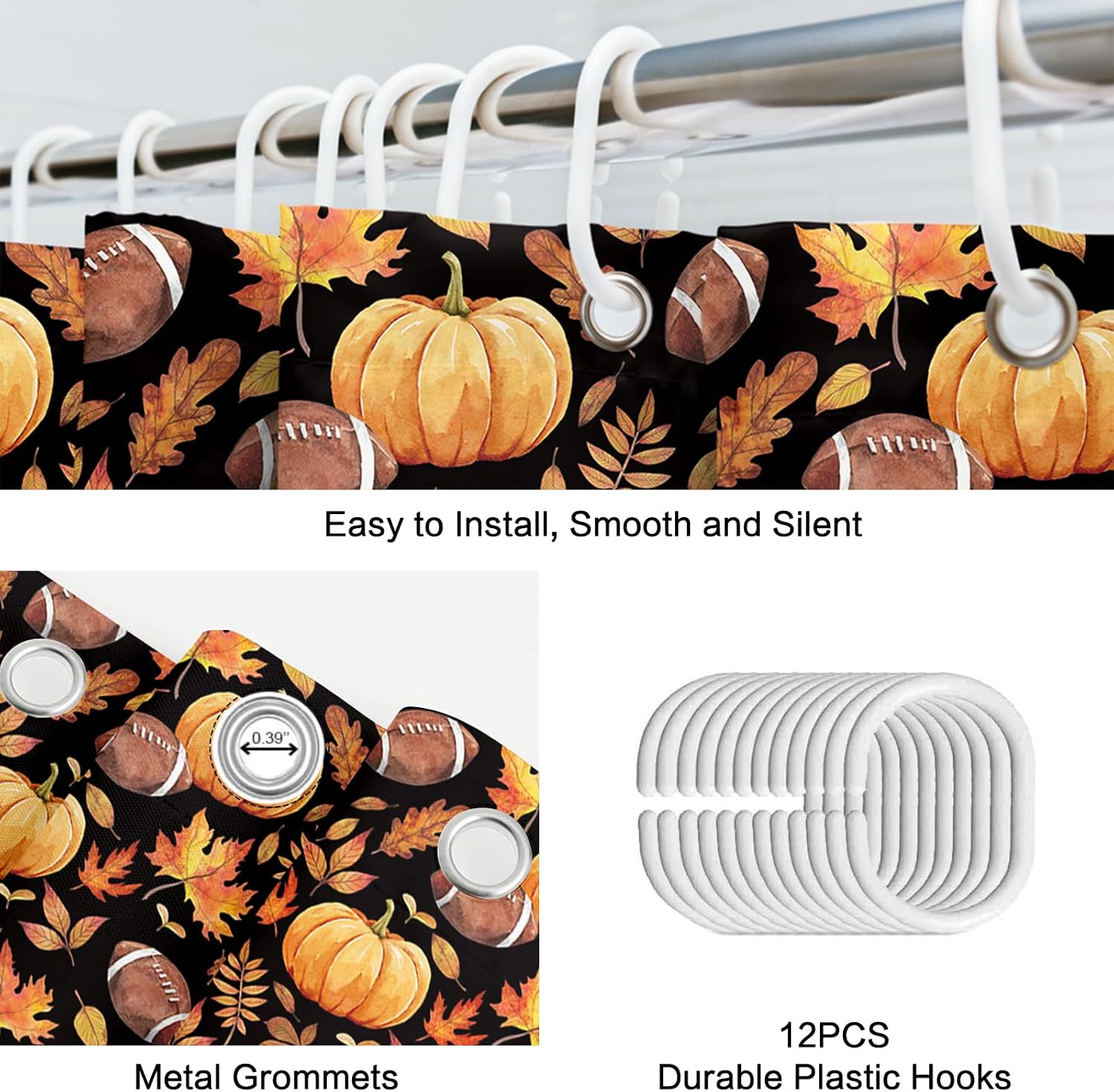 APROPHIC Fall Pumpkin Football Shower Curtain for Bathroom 72x72in, Black