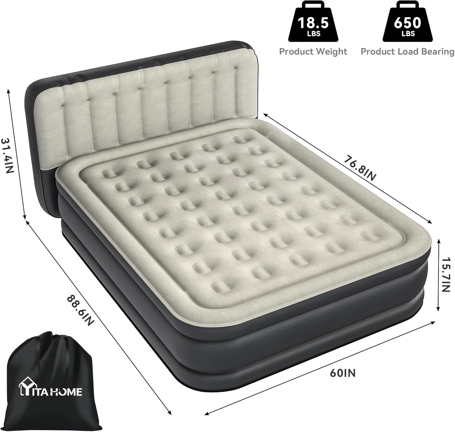 yitahome 18'' flocked top queen air mattress with built-in pump and headboard, durable inflatable bed, blow-up mattress for indoor and outdoor use, black