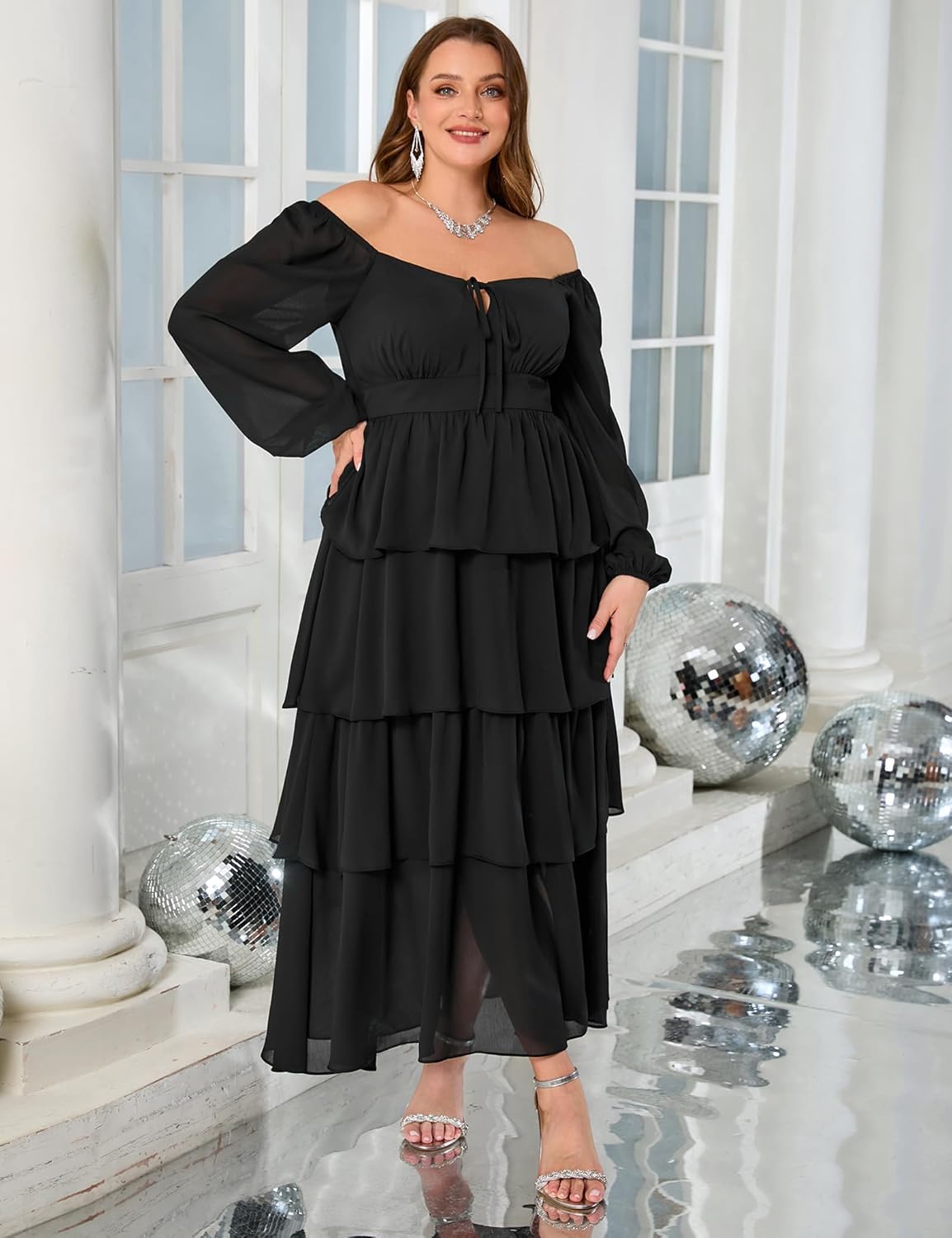 Womens Plus Size Floral Tiered Ruffle Long Sleeve Evening Party Wedding Guest Dress - Image 3