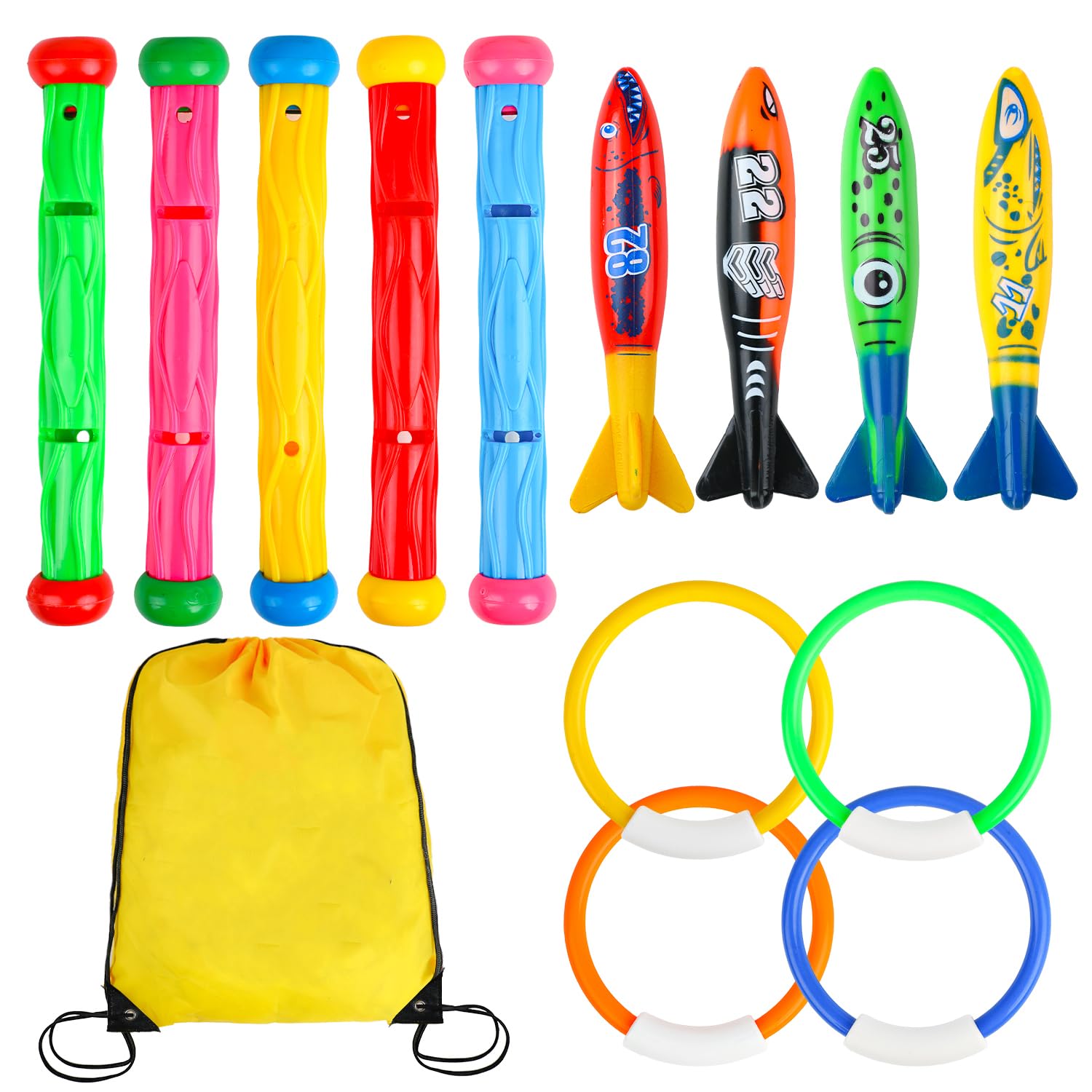 VEYLIN Pool Diving Toys Set, 13 Pieces Swimming Pool Toys with 5 Diving Sticks, 4 Torpedo Bandits, 4 Diving Rings and Backpack for Age 3+ Girls Boys Pool Games