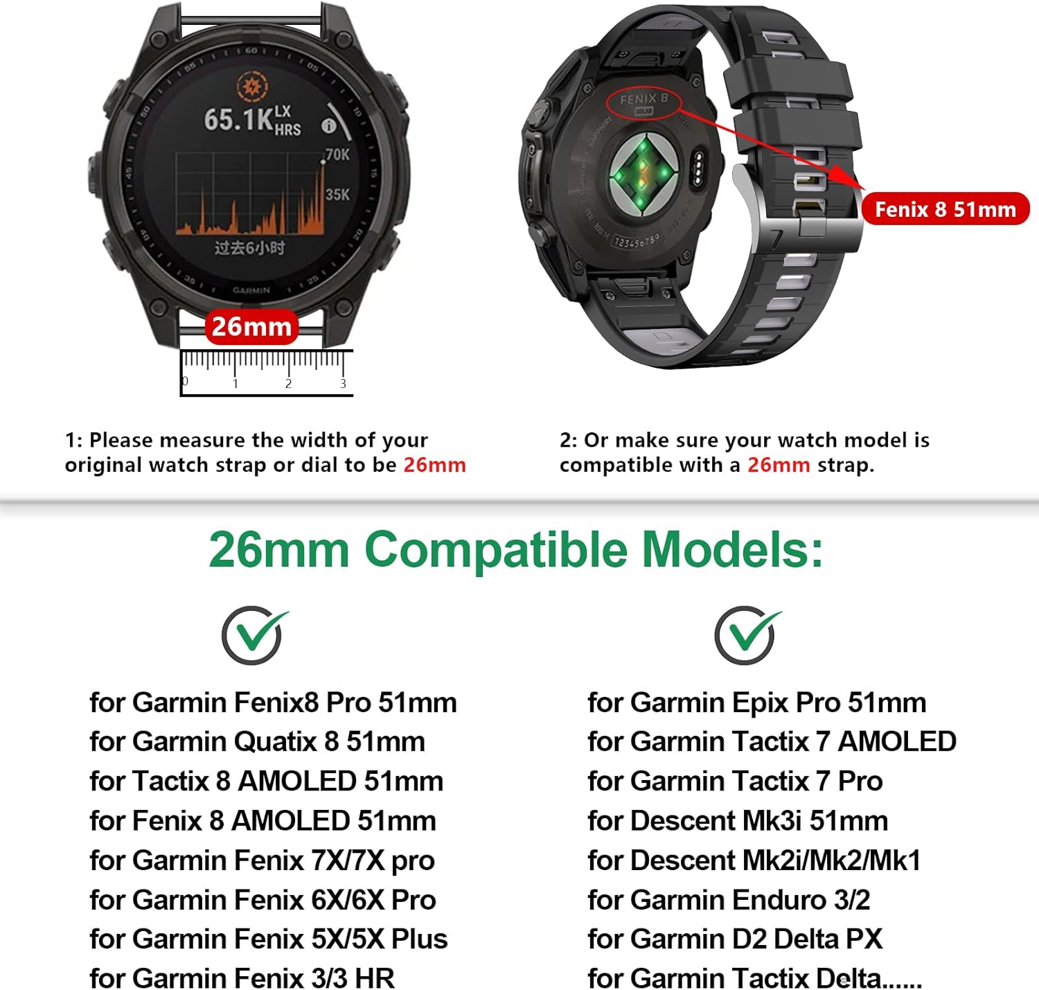 EZMVZKU Quickfit Watchband for Fenix 8/8 pro 51mm/7X/6X/5X,26MM Silicone Strap Replacement Compatible with Garmin Fenix 7X Pro/6X Pro/5X Plus/Enduro 3/2 Descent Mk3i/Tactix 8/Epix Pro/Quatix 8 51mm