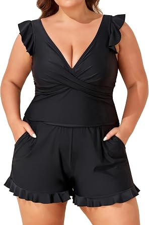 Smismivo Swim Romper Plus Size Swimsuit Full Coverage Bathing Suit with Built in Bra and Pockets Modest Criss Cross Swimwear