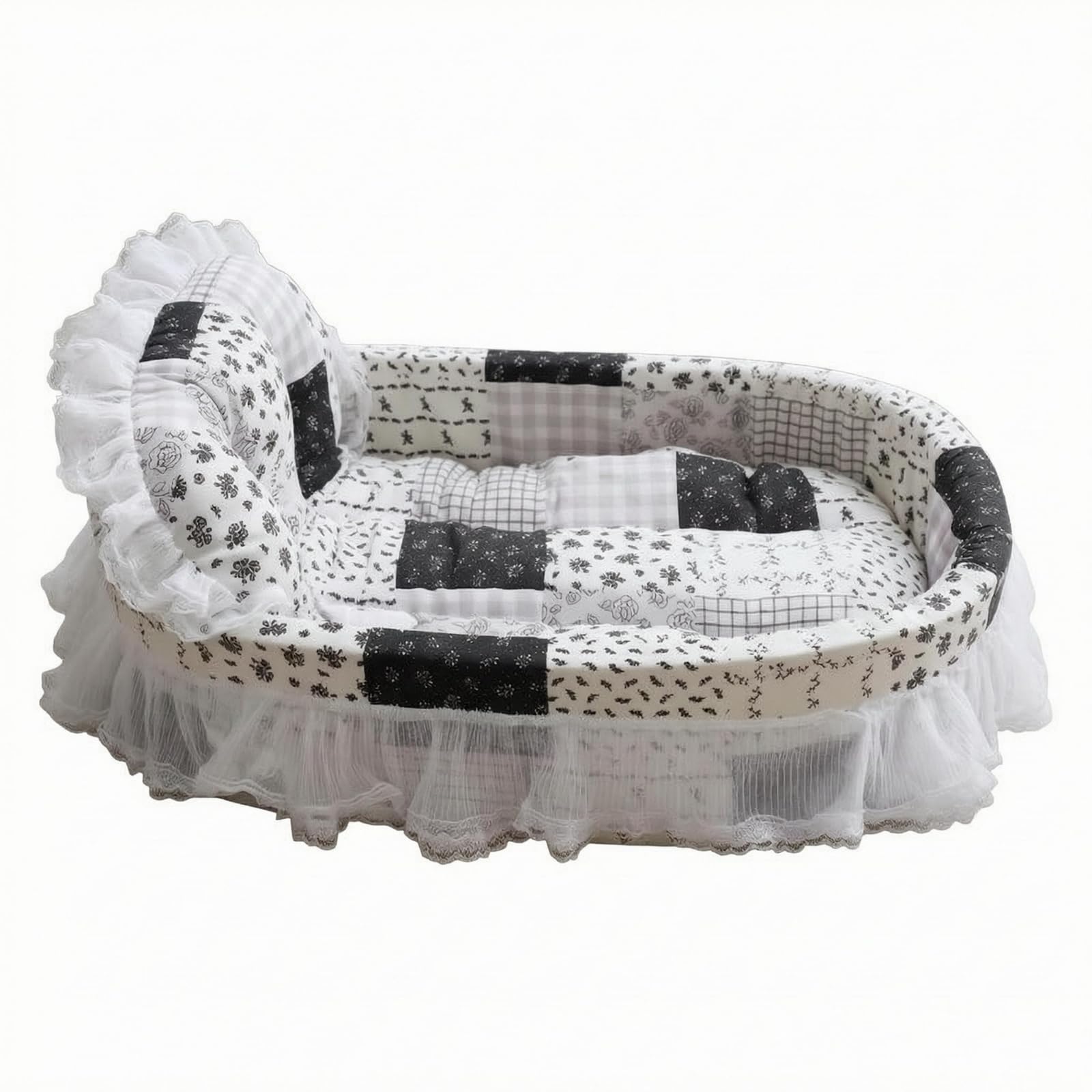 Lit ovale volant et panier bateau matelassé moelleux fleur noire