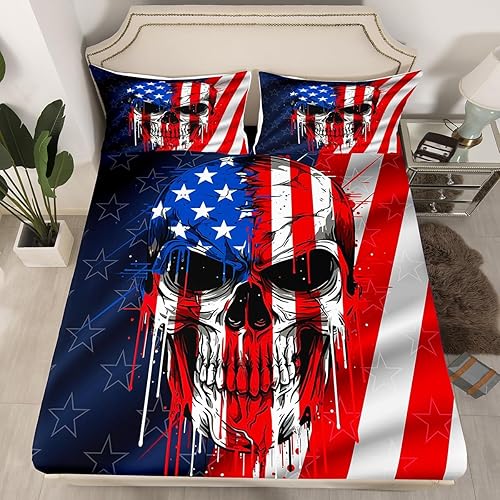 Miniatura 2 de Manfei Juego de sábanas de calavera tamaño matrimonial, juego de ropa de cama de calavera con bandera estadounidense para decoración de habitación